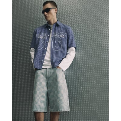 Blue Geometric Print Denim Shorts