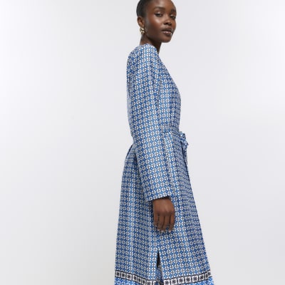 Blue geometric print longline duster jacket