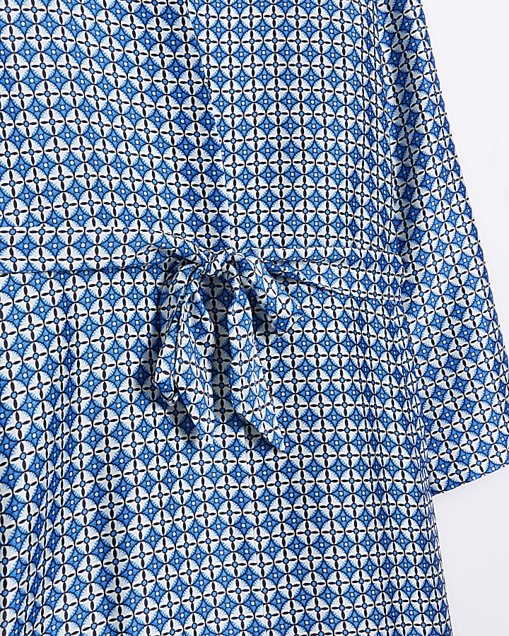 Blue geometric print longline duster jacket