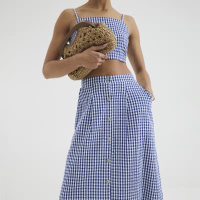 Blue Gingham A-line Midi Skirt