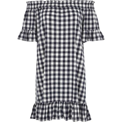 Blue gingham frill bardot swing dress