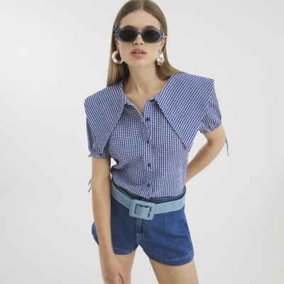 Blue Gingham Short Sleeve Collared Shirt