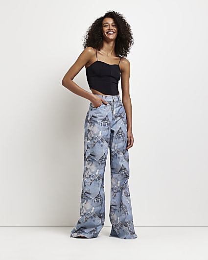 Blue graphic high waisted ultra flared jeans