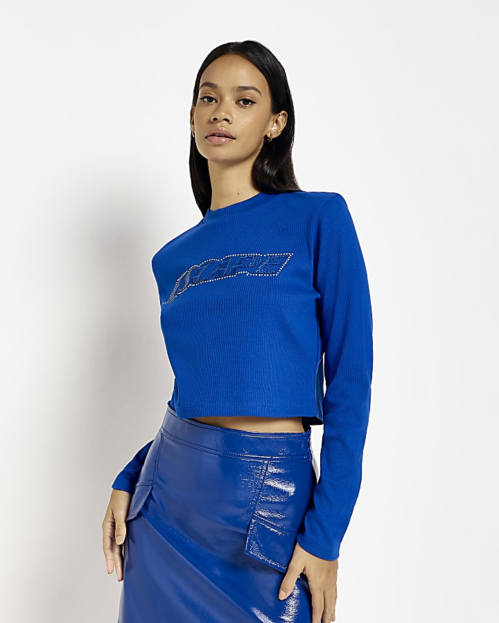Blue graphic print long sleeve cropped top