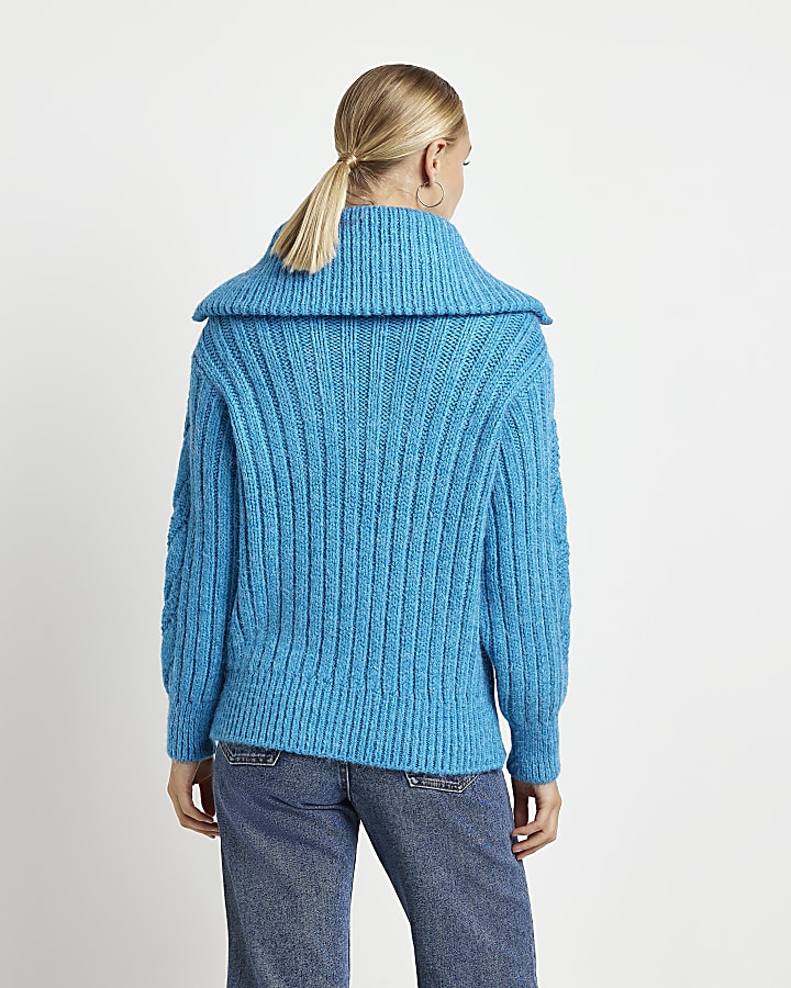 Blue half zip cable knit jumper