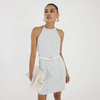 Blue Halter Neck Boucle Belted Mini Dress