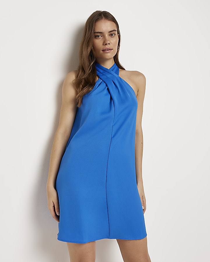 Blue halter neck mini dress