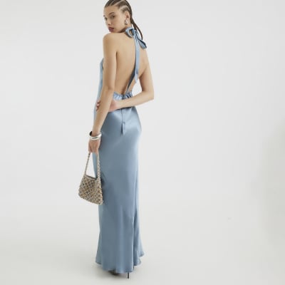 Blue Halter Neck Slip Maxi Dress