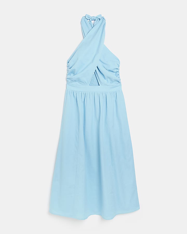 Blue halter neck wrap midi dress