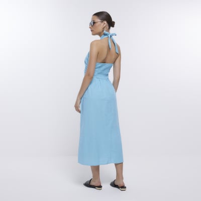 Blue halter neck wrap midi dress