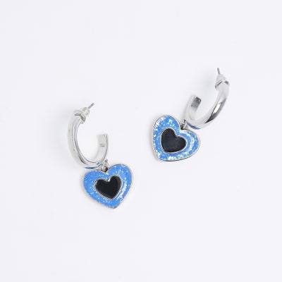 Blue heart drop hoop earrings