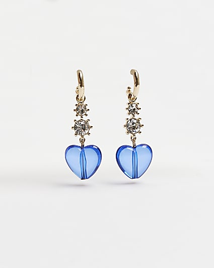 Blue heart drop hoop earrings