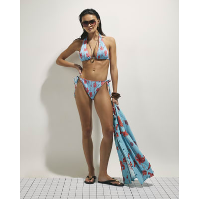 Blue High Leg Shirred Palm Bikini Bottoms