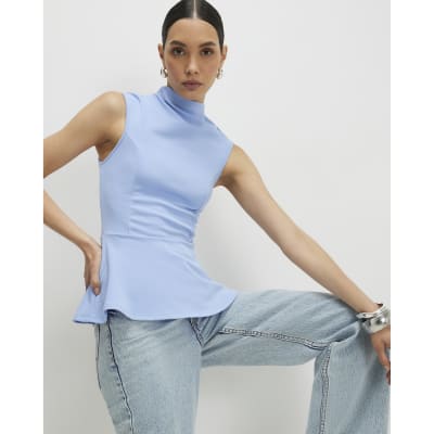 Blue High Neck Peplum Top