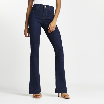 blue flared high rise denim jeans