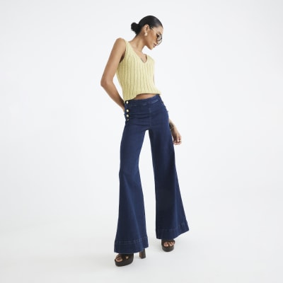 Blue High Rise Palazzo Button Detail Jeans