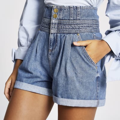 high waisted denim paperbag shorts