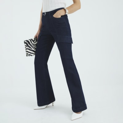 Blue High Rise Relaxed Flared Cargo Jeans