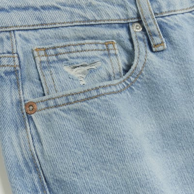 Blue high rise ripped straight leg jeans