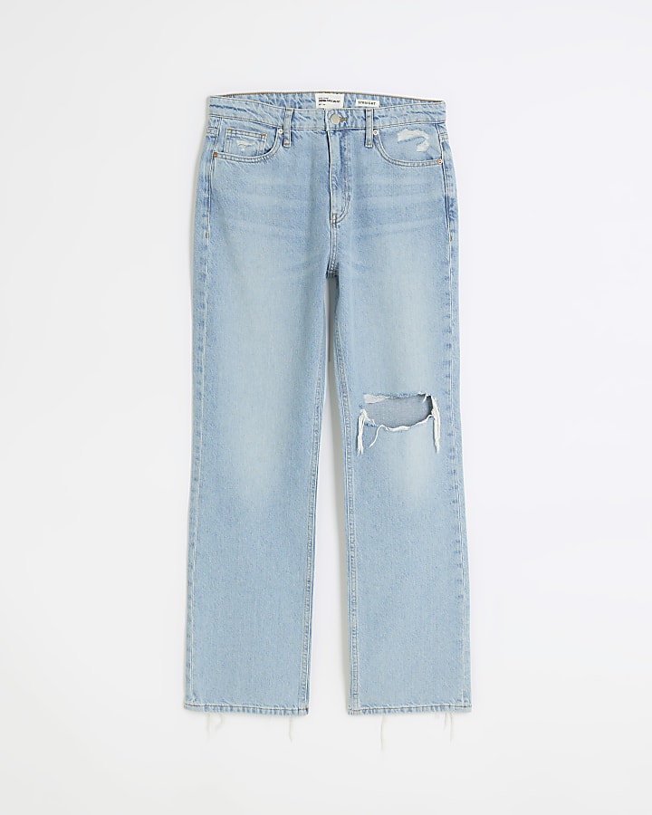 Blue high rise ripped straight leg jeans