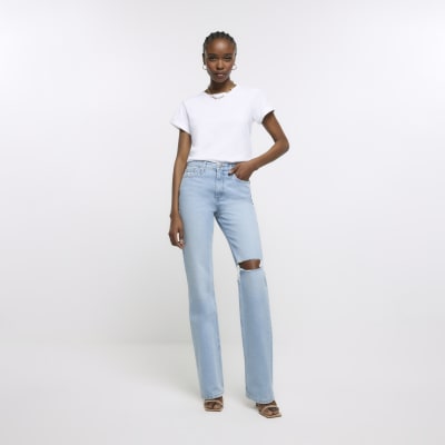 Blue high rise ripped straight leg jeans