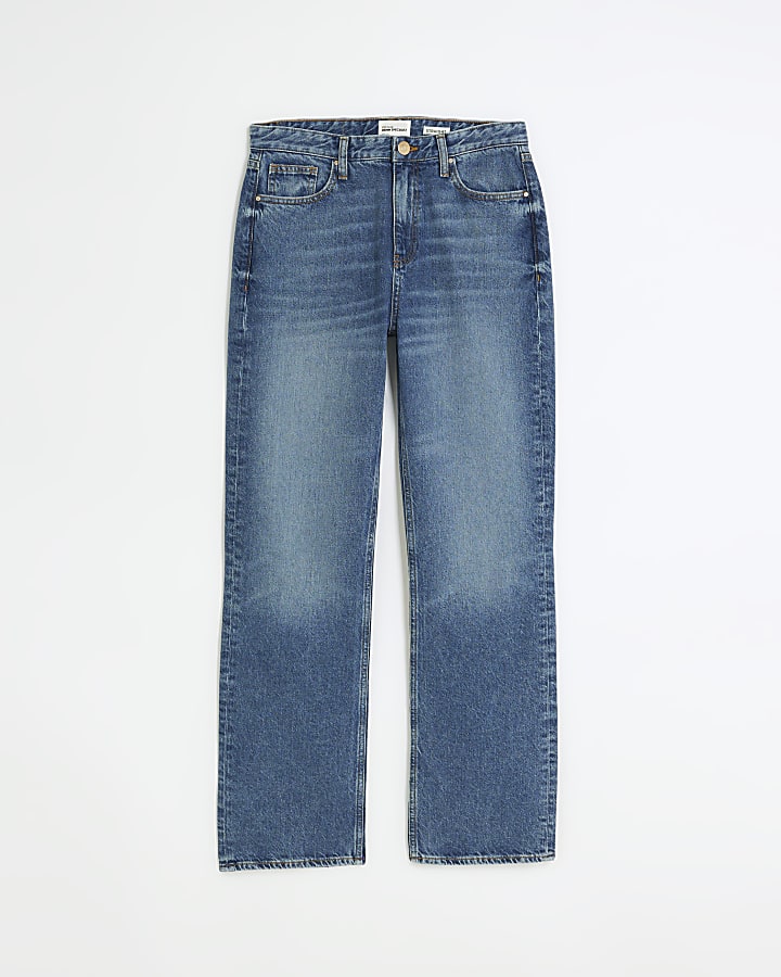 Blue high rise straight leg jeans