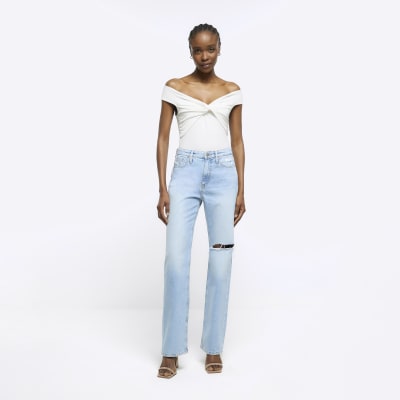 Blue high rise straight ripped jeans