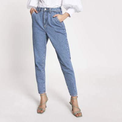 Blue high rise tapered leg jeans | River Island