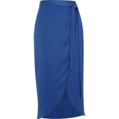 Blue high shine wrap midi skirt