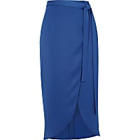 Blue high shine wrap midi skirt