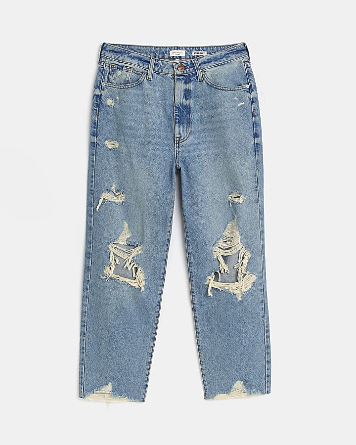 Blue high waist ripped straight jeans