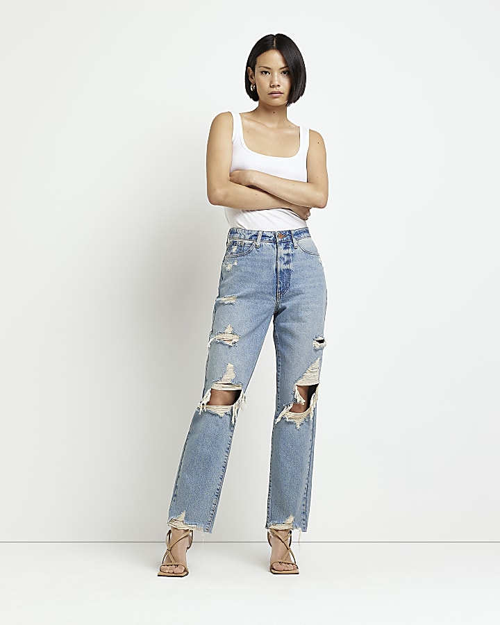 Blue high waist ripped straight jeans