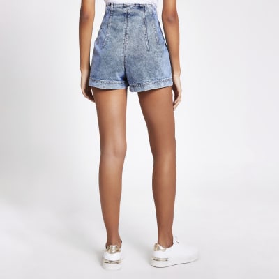 Blue high waist seamed denim shorts