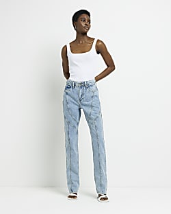 Blue high waist seamed straight leg jeans