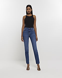 Blue high waist slim straight leg jeans