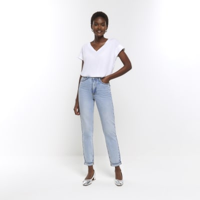 Blue high waist turned hem mom jeans | River Island