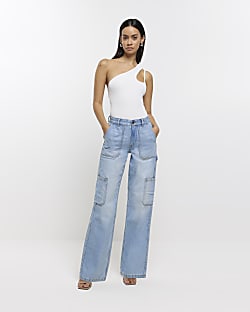 Blue high waist wide leg cargo jeans