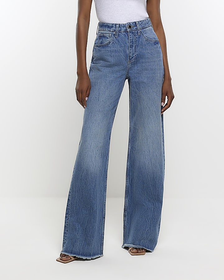 Blue high waist wide leg jeans | River Island