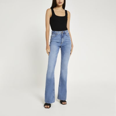 blue high waisted flared jeans