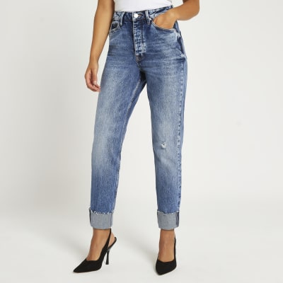high waisted mom jeans dark blue