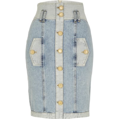 high rise denim midi skirt