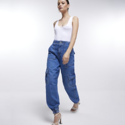 Blue high waisted cargo jeans River Island