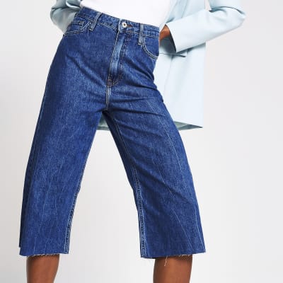 Blue high waisted cropped jean River Island