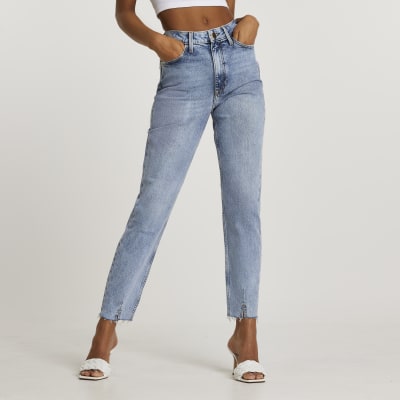 high waisted mom jeans dark blue