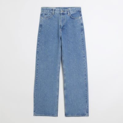 Blue high waisted diamante straight jeans | River Island