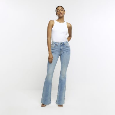 Blue High Waisted Flared Jeans River Island