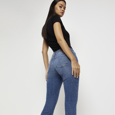 blue high waisted flared jeans