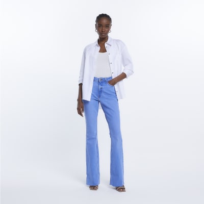 blue high waisted flared jeans