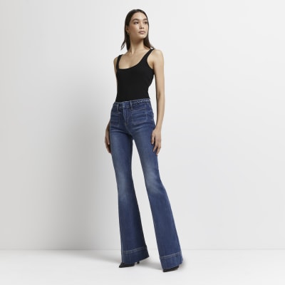 blue high waisted flared jeans