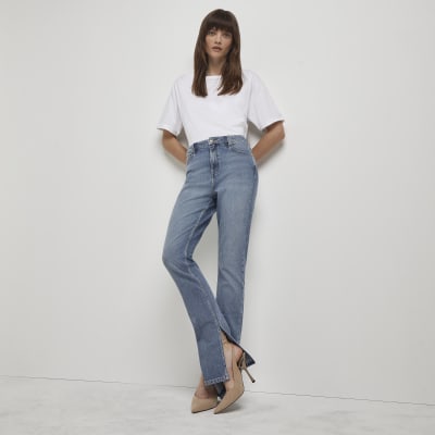blue high waisted flared jeans